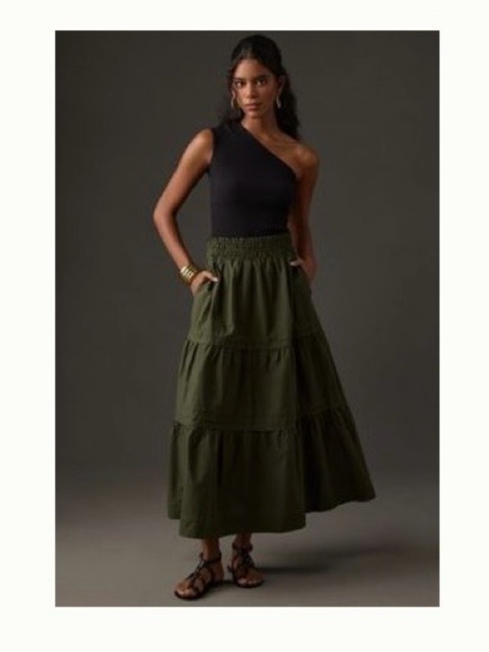 Anthropologie Maeve Somerset Dark Green Tiered Maxi Skirt